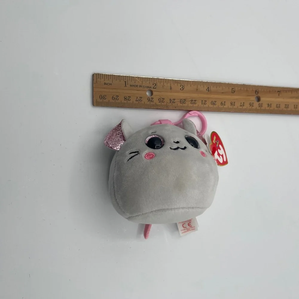 Ty Squish-a-Boos Catnip the Mouse Plush Clip Grey Pink Glitter 3 inch NWT